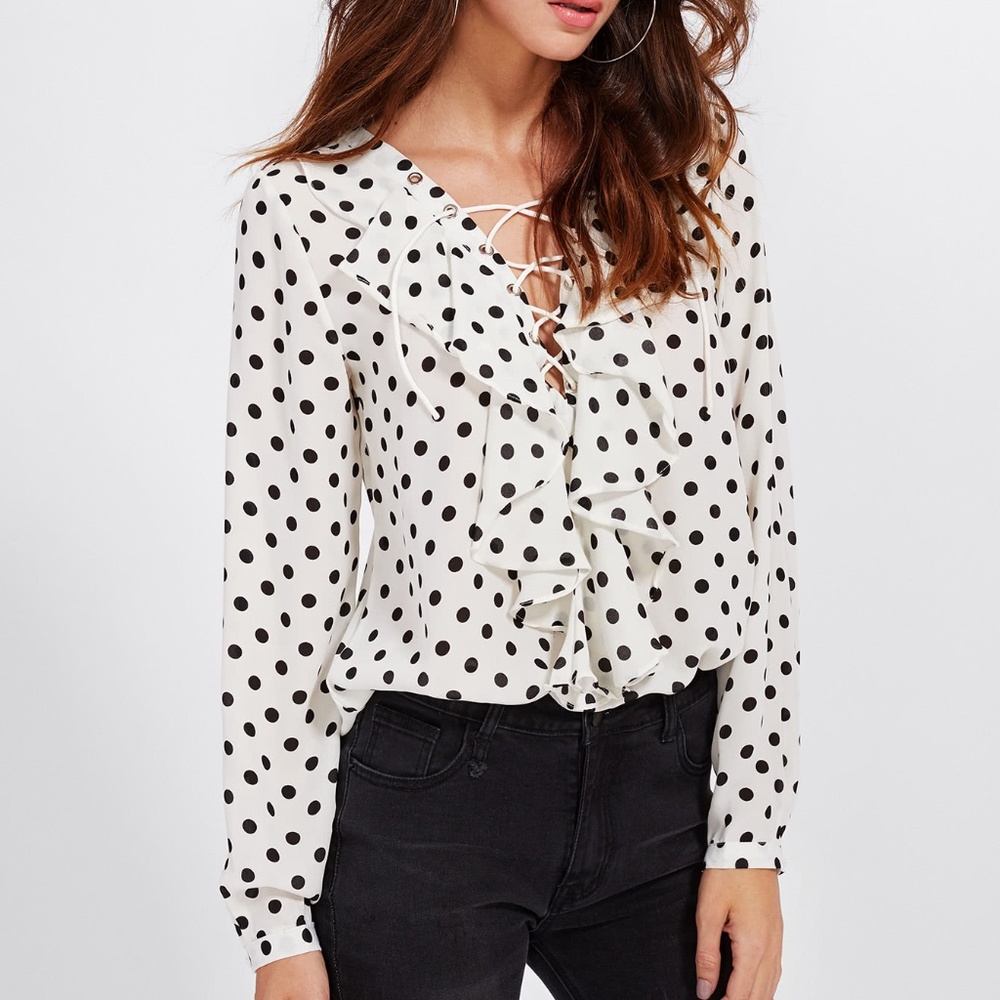Polka Dot Lace Up Ruffle Blouse - BRAND NEW